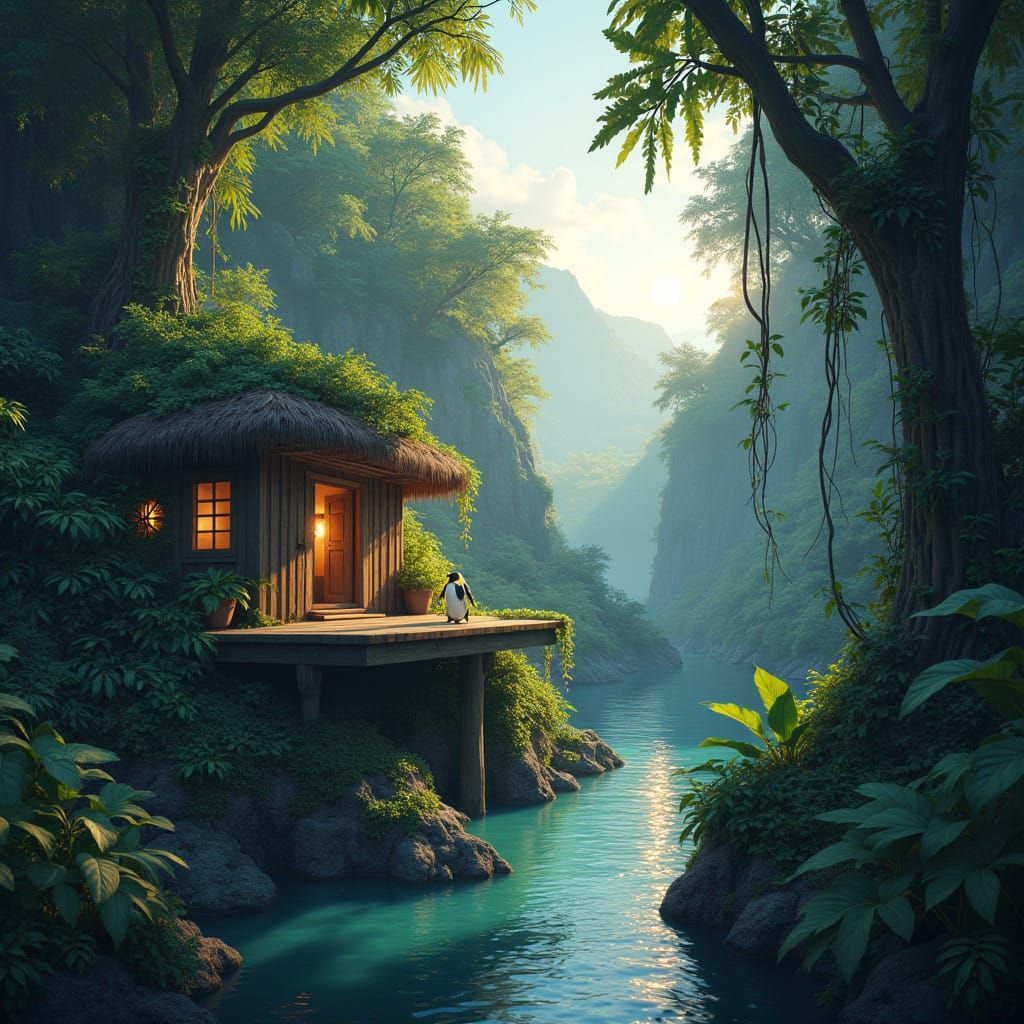 Peaceful Penguin's Jungle Haven in Whimsical Woodland