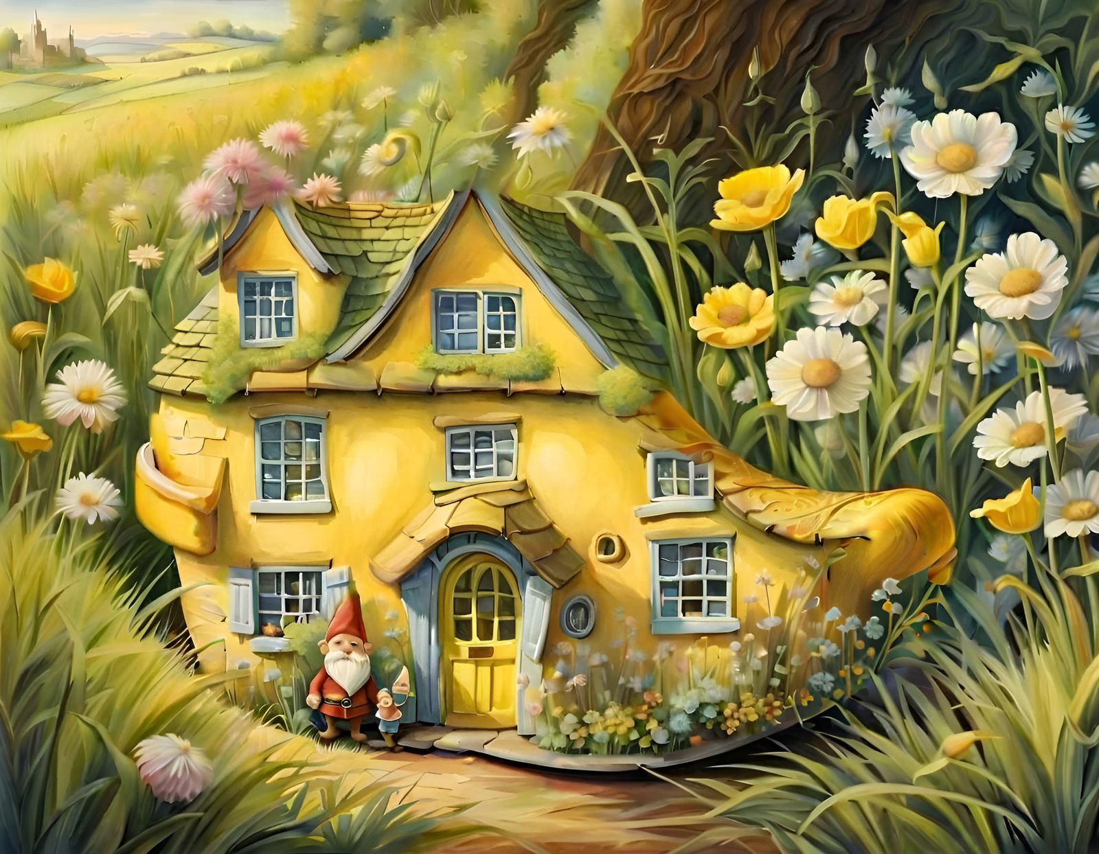 Miniature Clog-House Illustration with Mouse, Watercolor Sty...