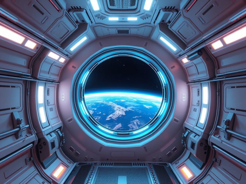 Sleek Futuristic Space Station Corridor in Zero Gravity