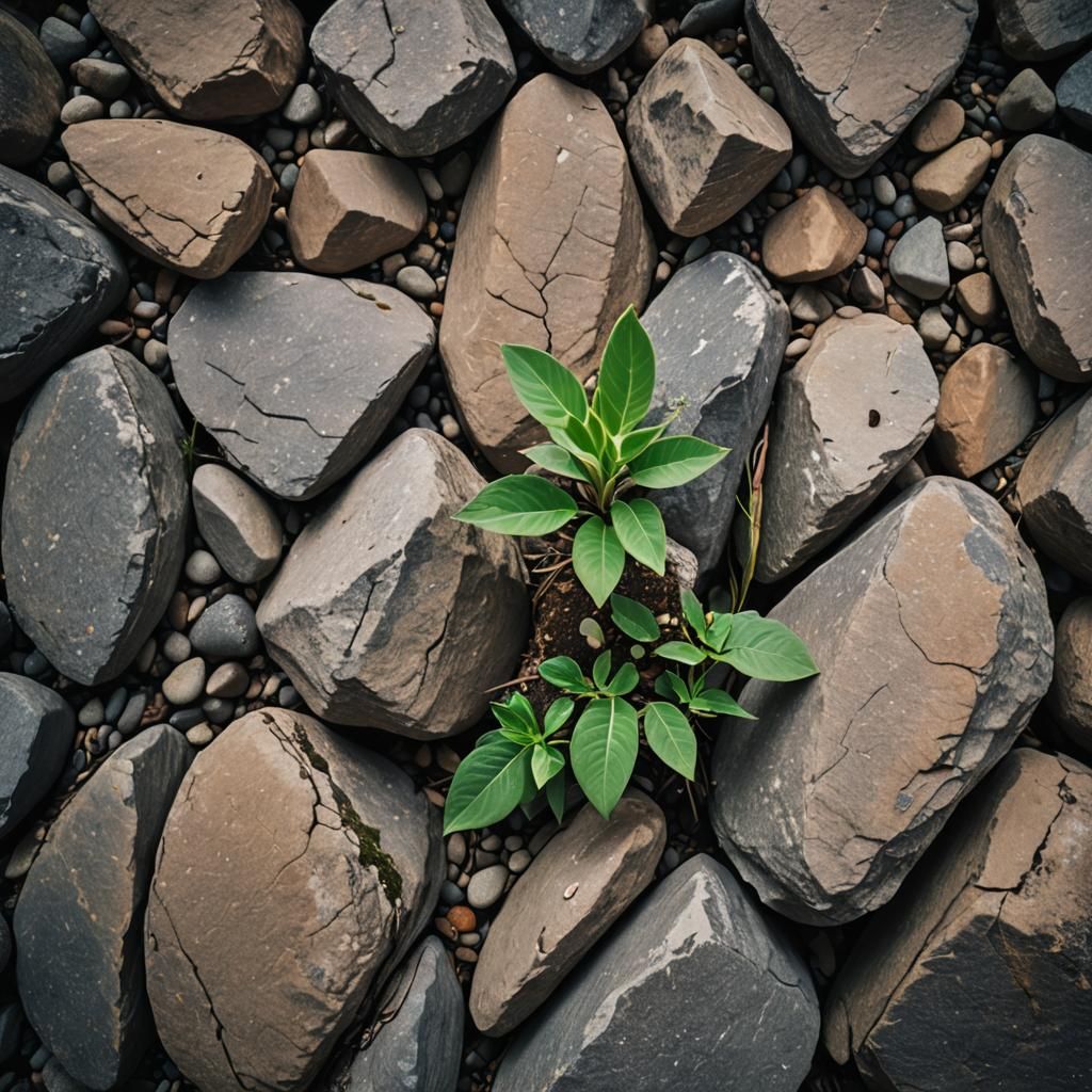 Resilient Plant Growing Between Rocks: Cinematic Still