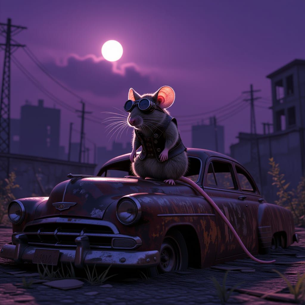 Grizzled Mouse in Goggles on Rusted Car in Urban Wasteland