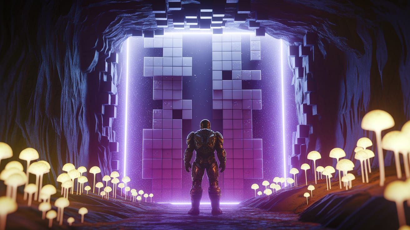 Futuristic Warrior Stands Before Cosmic Portal