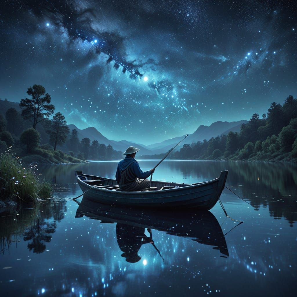 Fisherman Casts Line into Celestial Lake Under Nebula
