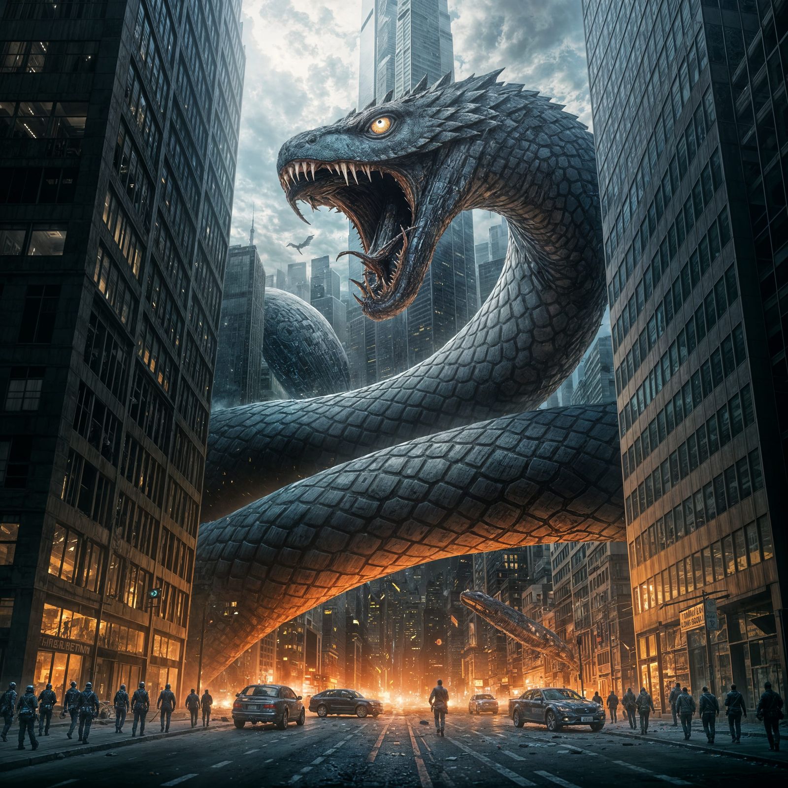 Giant Serpent Attacks Metropolis: Chaos and Destruction
