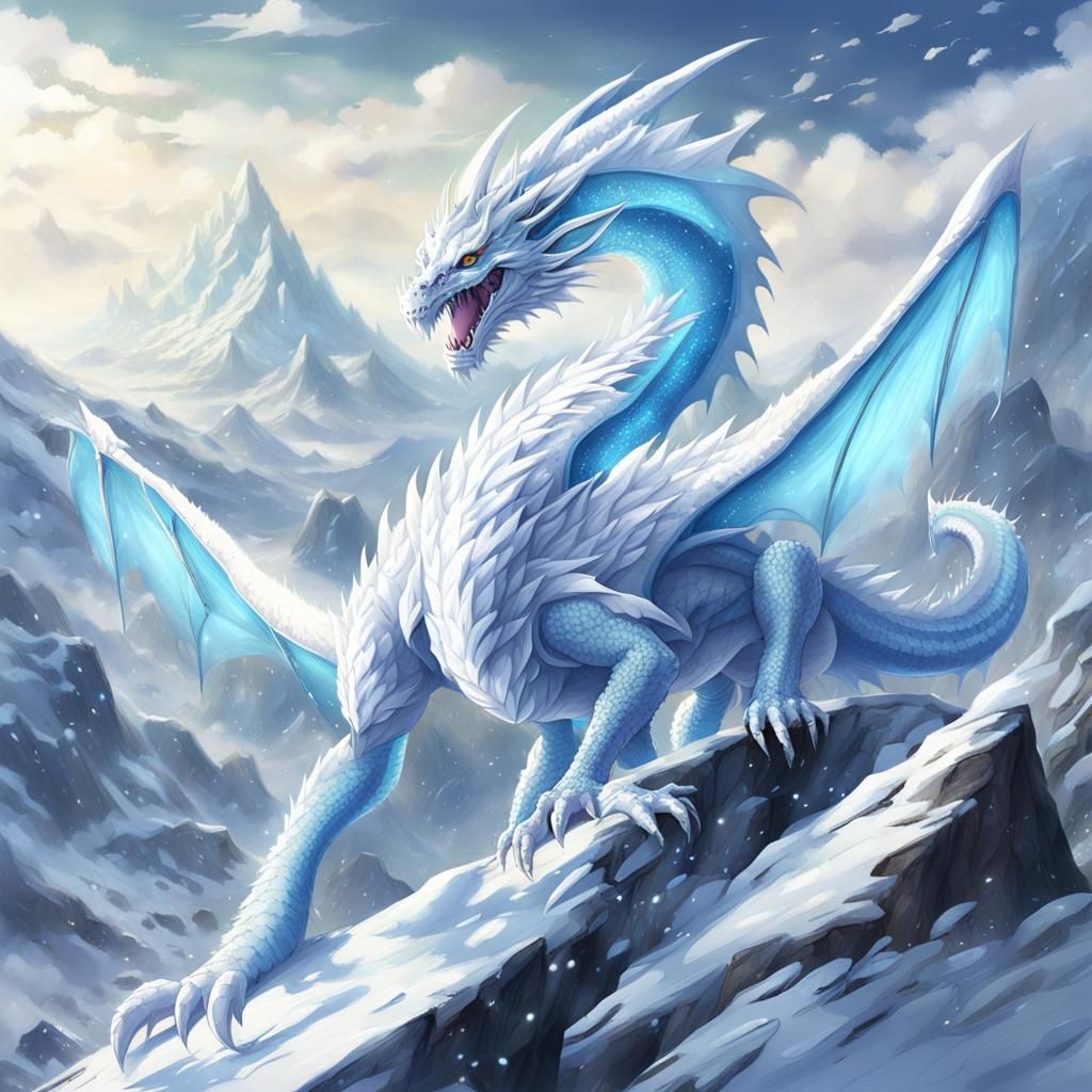 White Ice Dragon in Snowy Mountains, Anime Style
