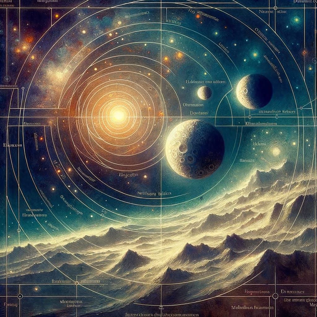 Planet with Three Moons in Impressionistic Style