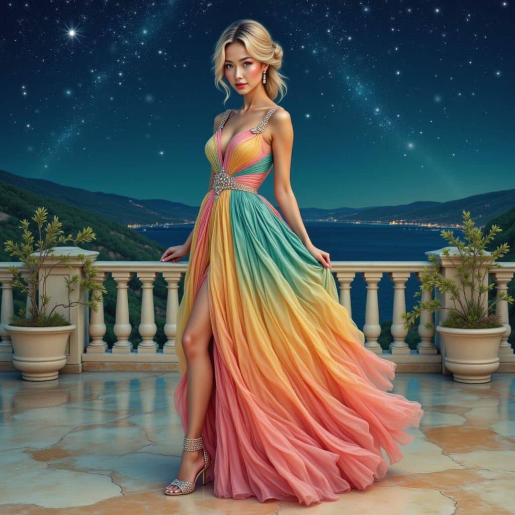 Ethereal Art Nouveau Woman in Rainbow Dress
