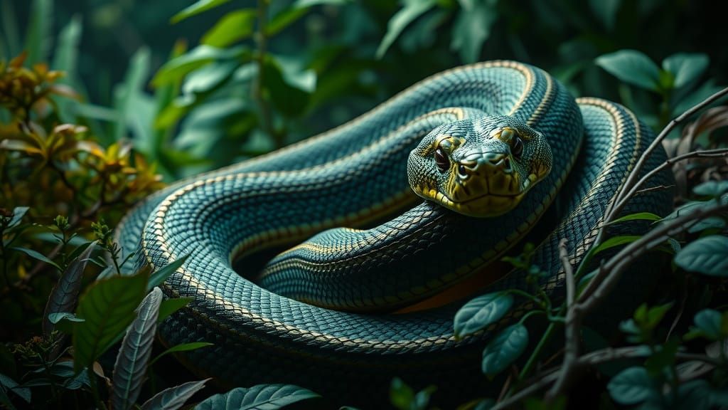 Anaconda in Lush Jungle, Detailed Atmospheric Art