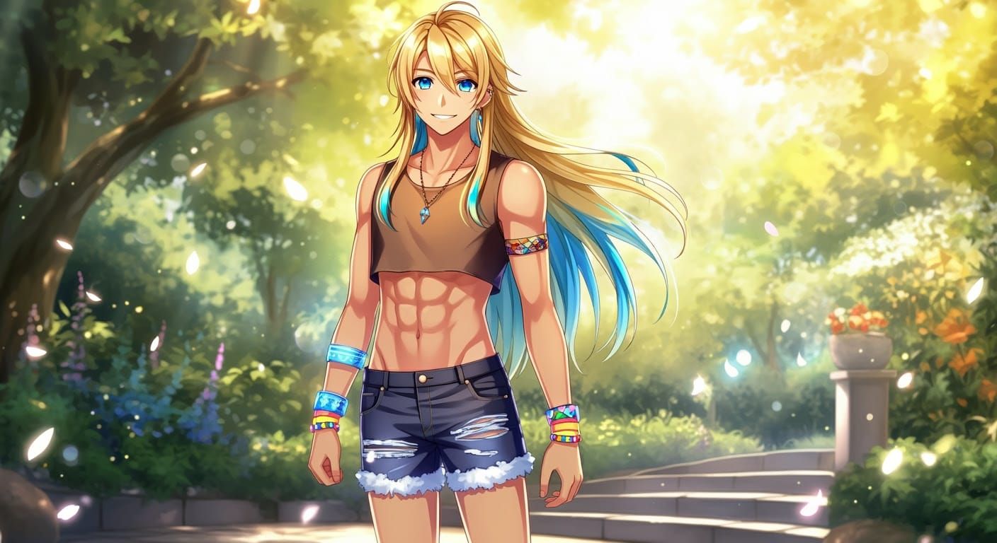 Anime-Style Portrait of Blond Man in Garden