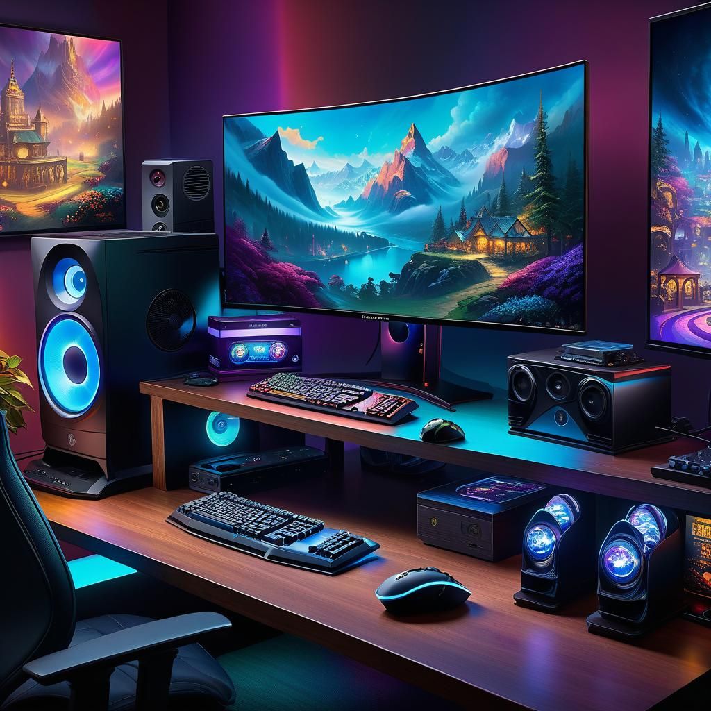 Hyperdetailed Gaming Setup in Abstract Style