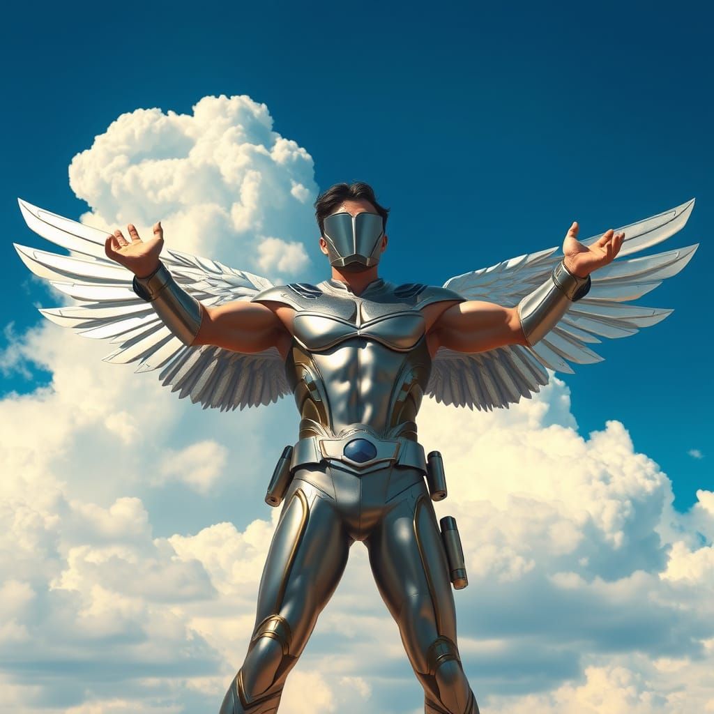 Heroic Figure with Silver Wings in Digital Painting