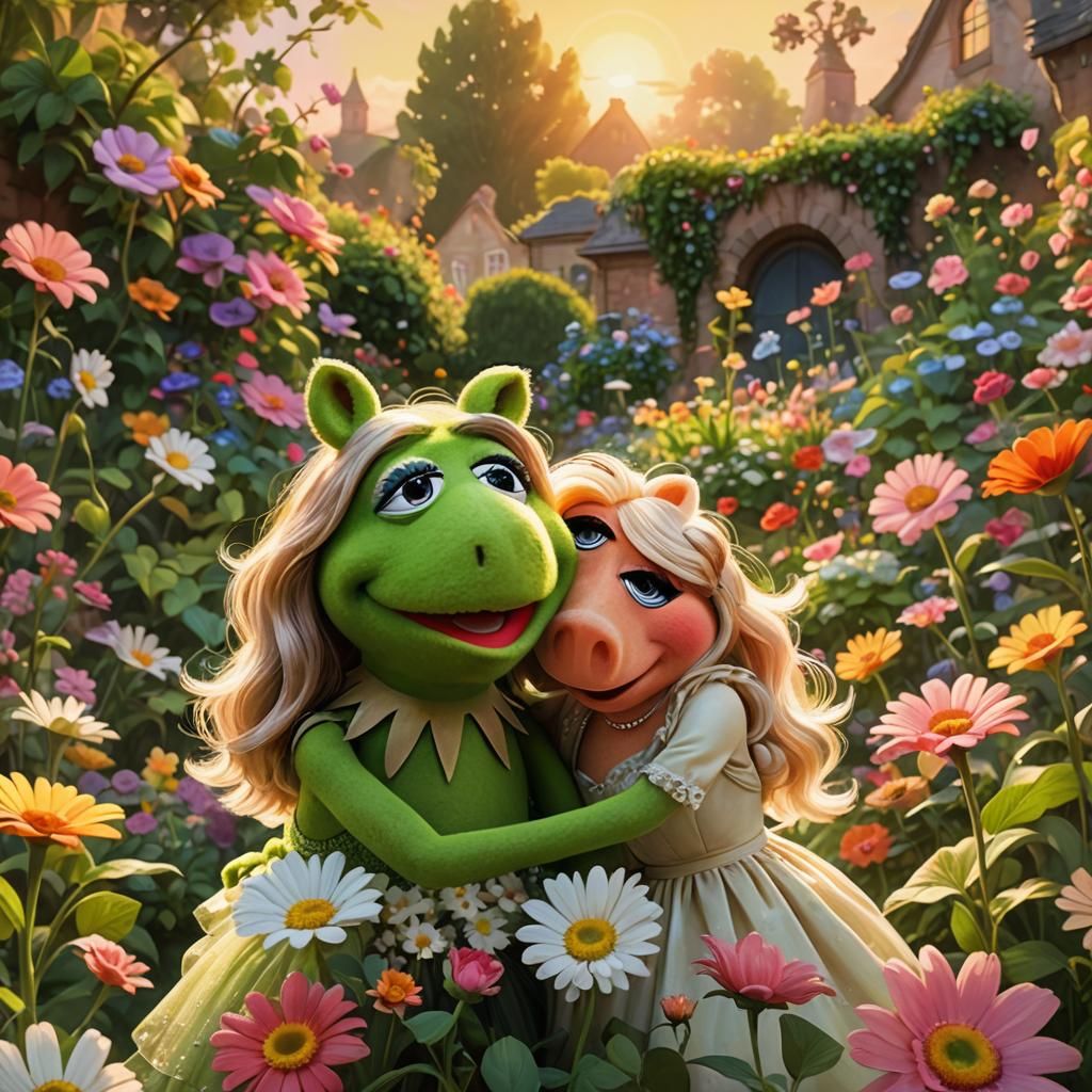 Kermit and Miss Piggy: Pixar-Style Garden Embrace