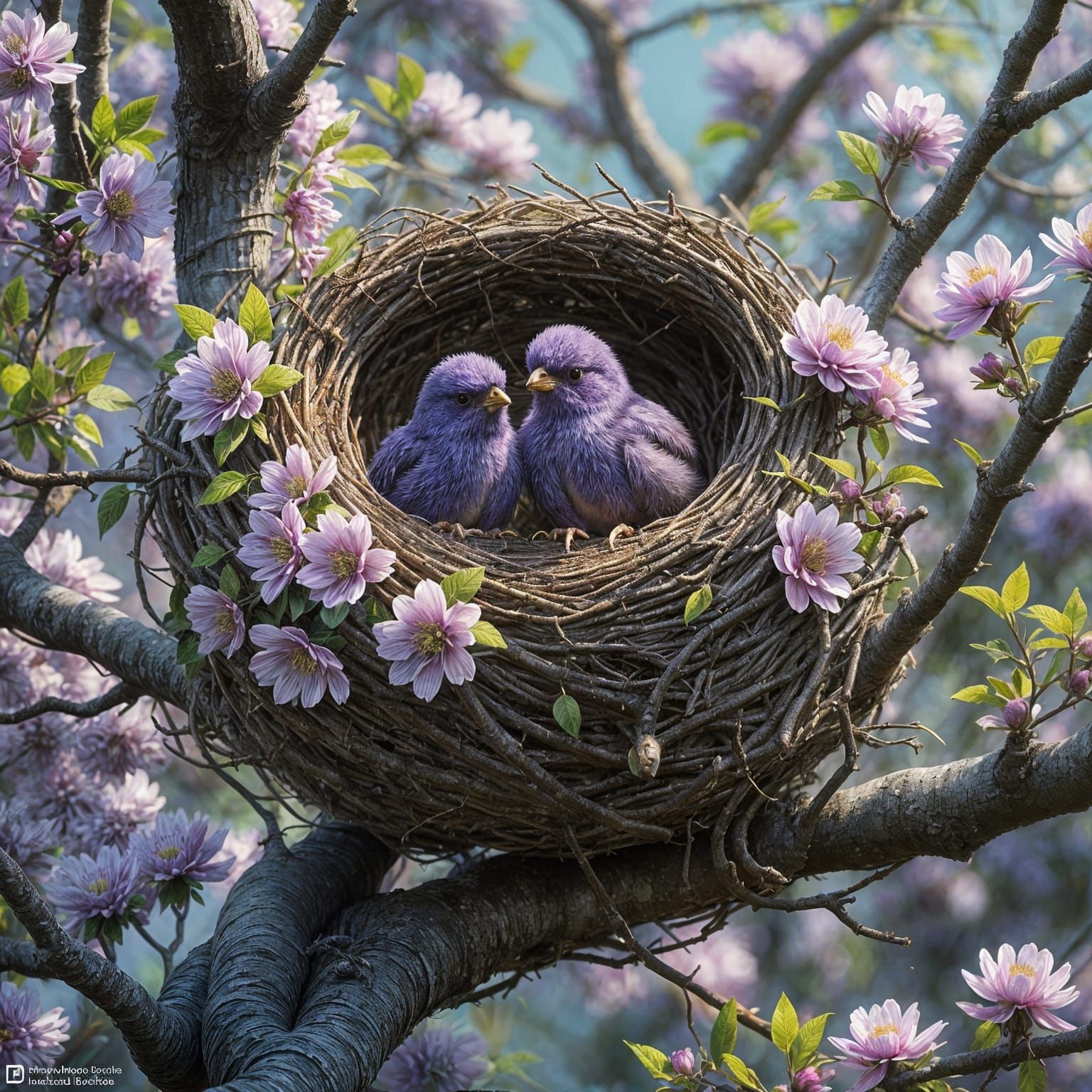 Purple Bird Nest in Blossom Tree