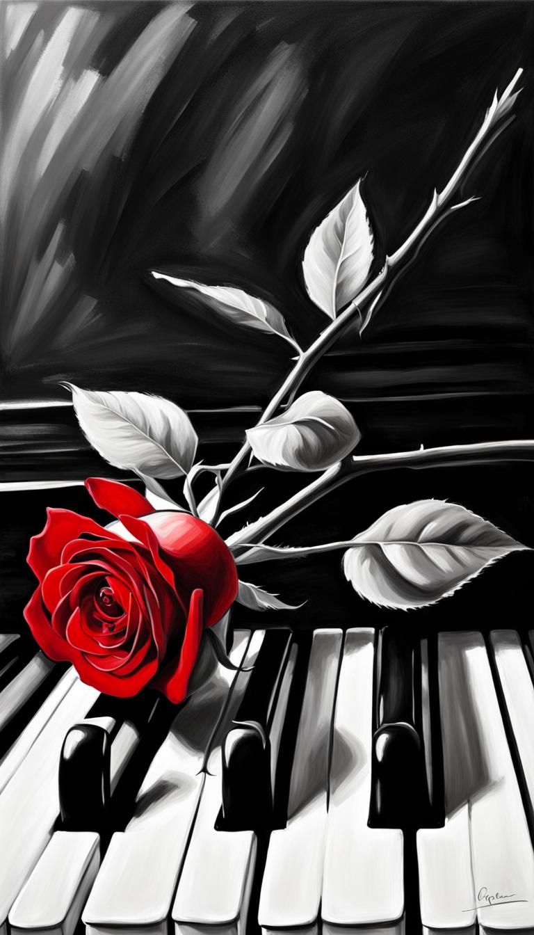 Red Rose on piano πΉ keys splatter art