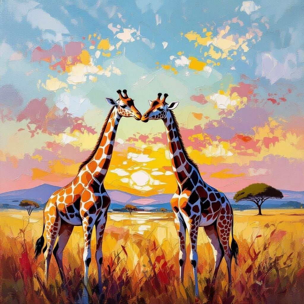 Impressionistic Giraffes in Love Under Sunny Skies