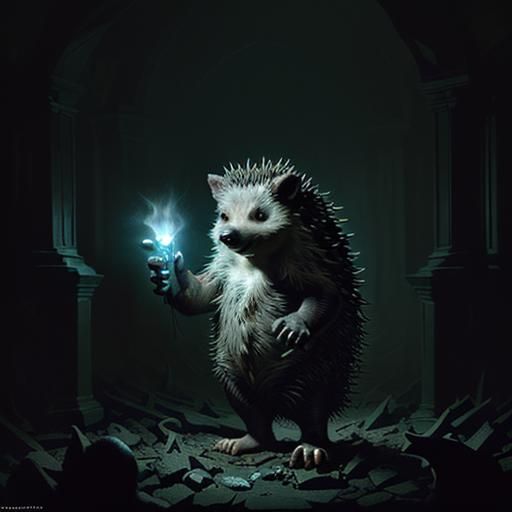 Anthropomorphic Hedgehog Working in the Dark: Horror Illustr...