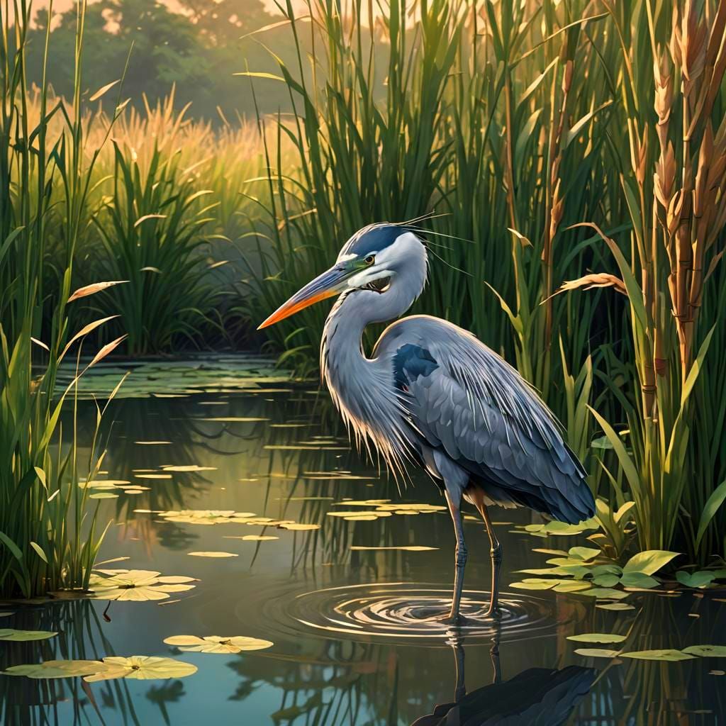 Heron with Frog in Beak, 3D Anime Art