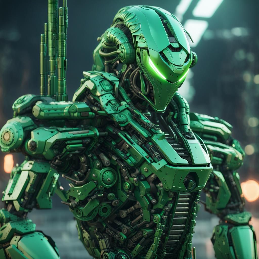 Futuristic Green Ninja Robot with Snake Head