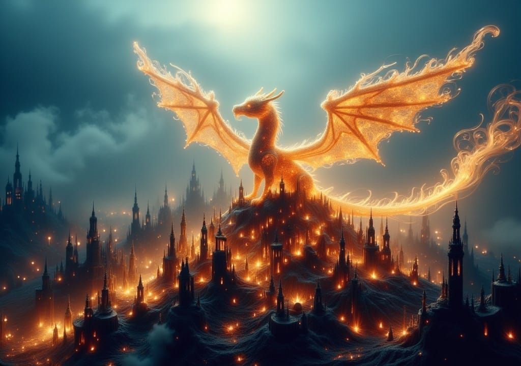 Majestic Dragon Silhouette Protects Burned Town