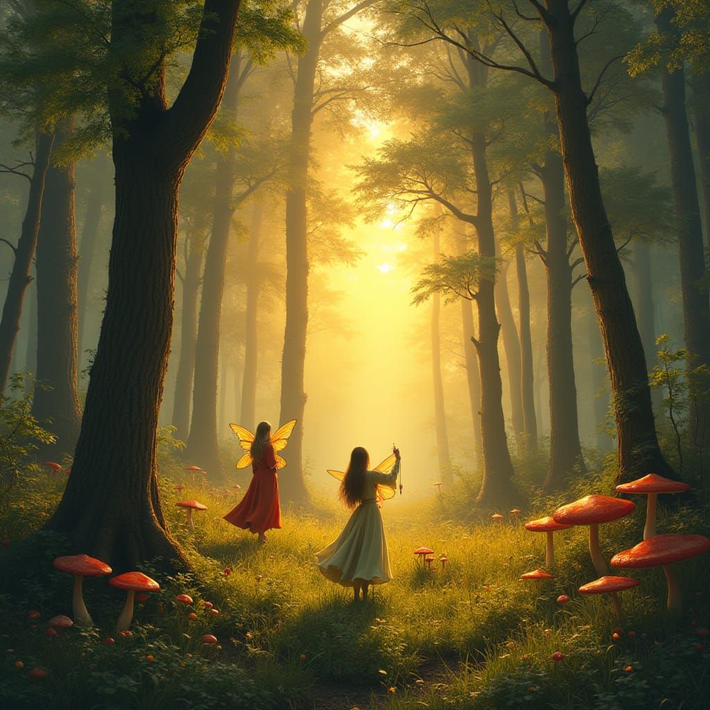 Hyperrealistic Forest Scene with Fairies at Sunset
