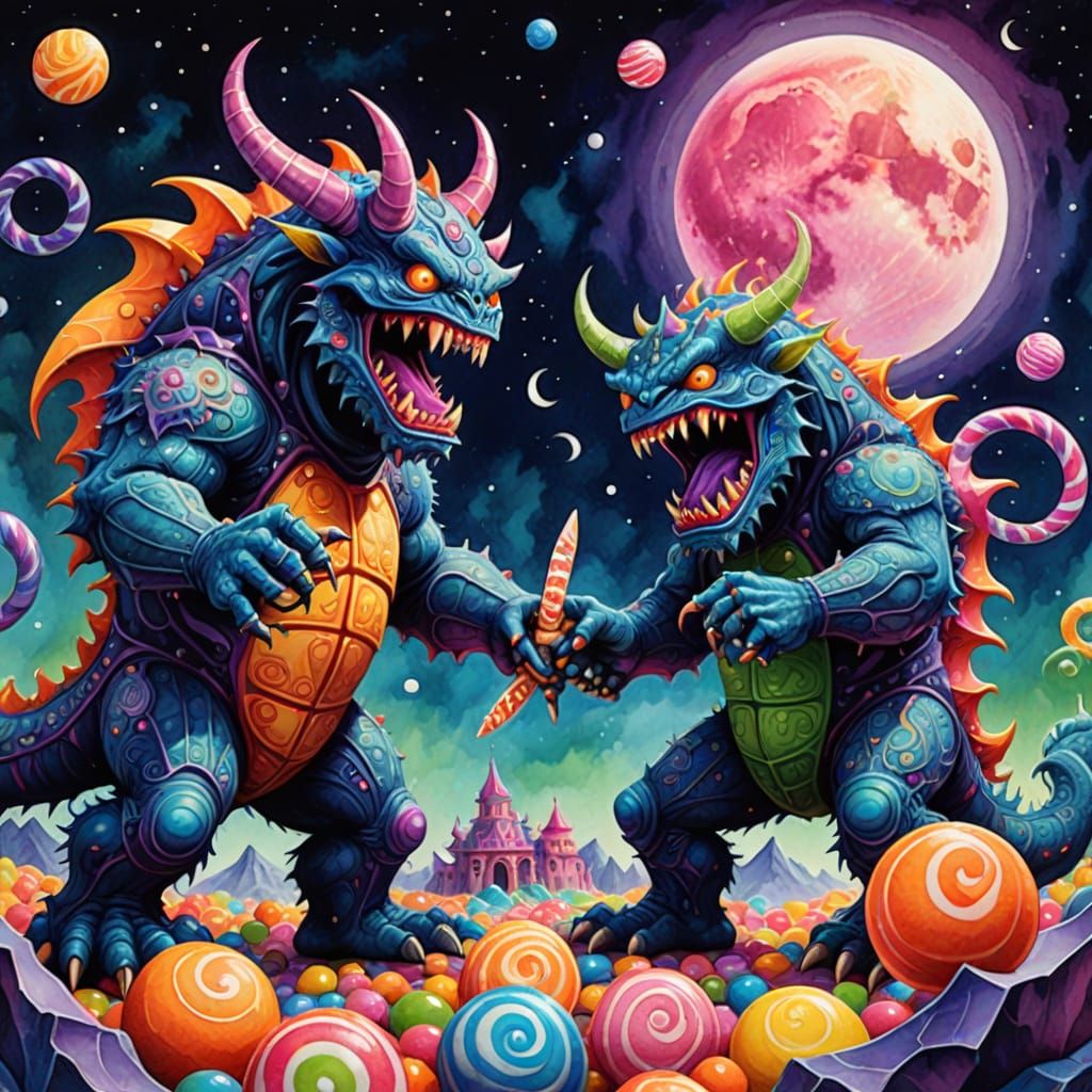 Vibrant Watercolor Monster Fight Over Candy Under the Moon