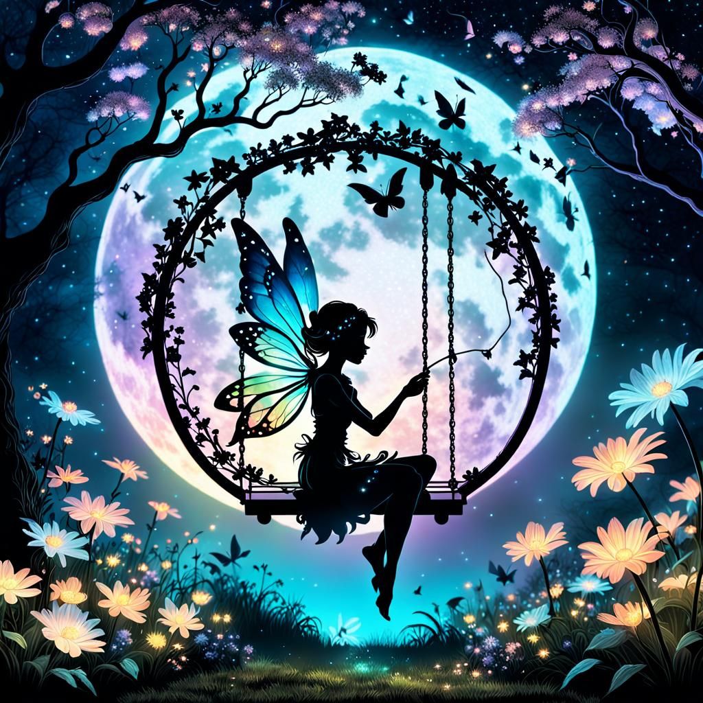 Fairy on Swing in Bioluminescent Garden