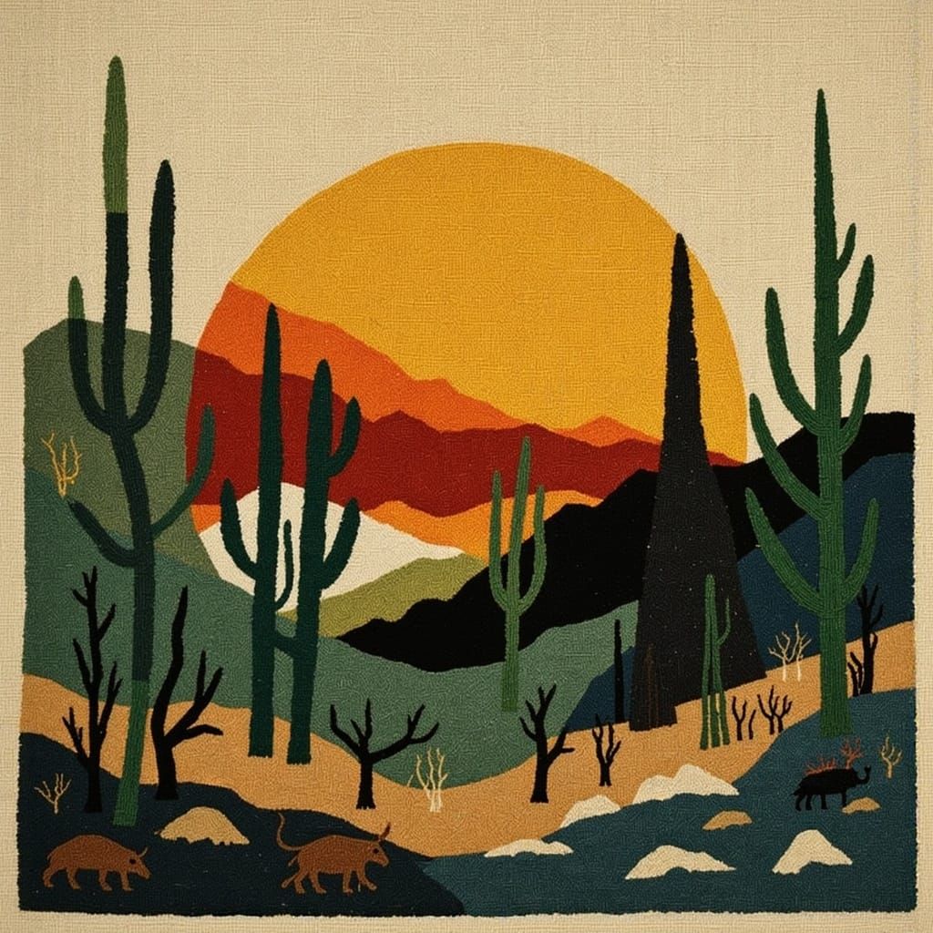 Stone Age Silhouette of Cactus in Desert