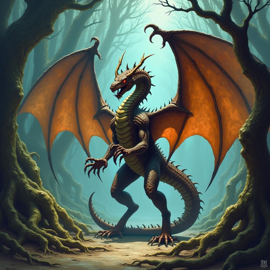 Serpentine Hybrid Creature in a Dark Fantasy Forest