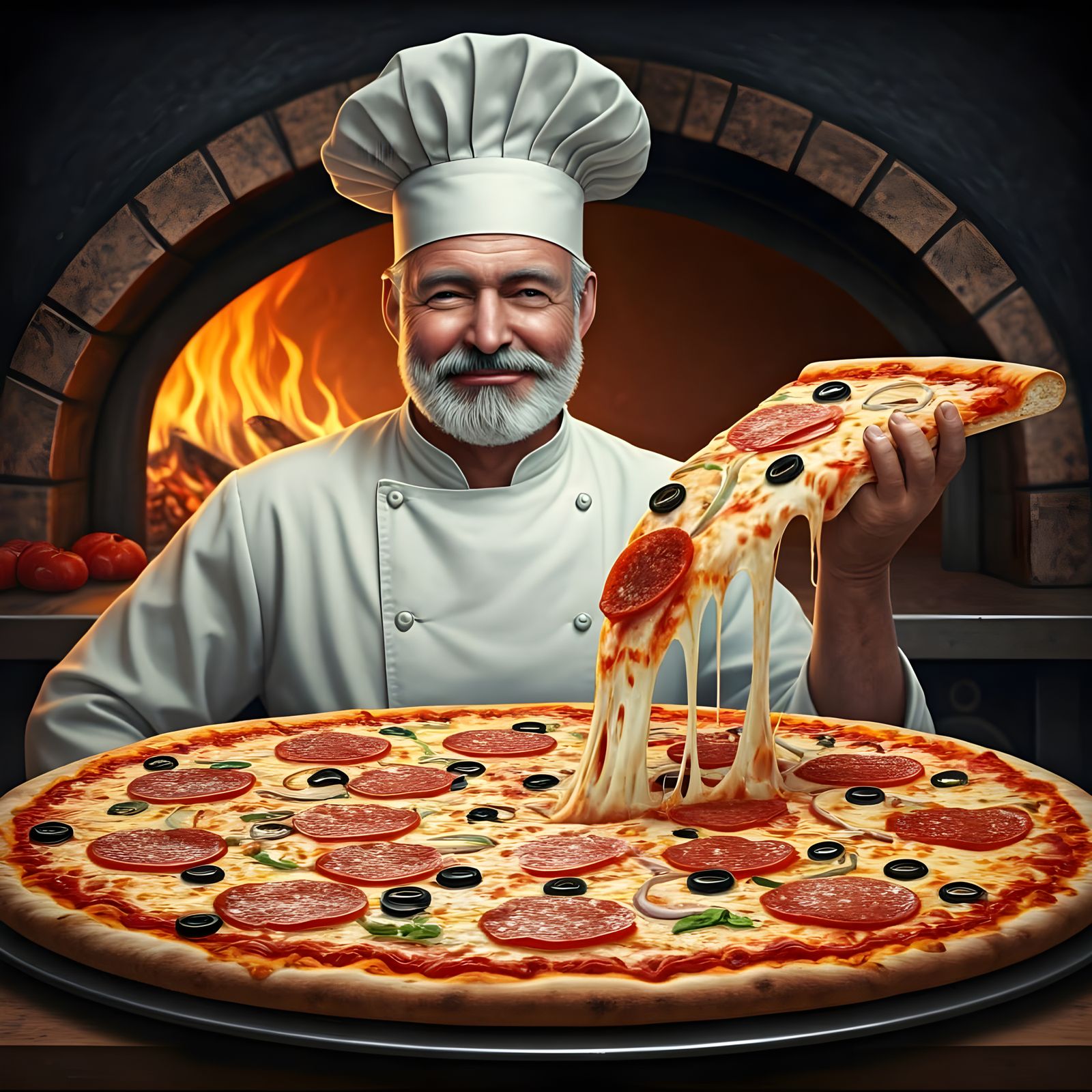 Ernest Hemingway as a Chef making a very Big pizza