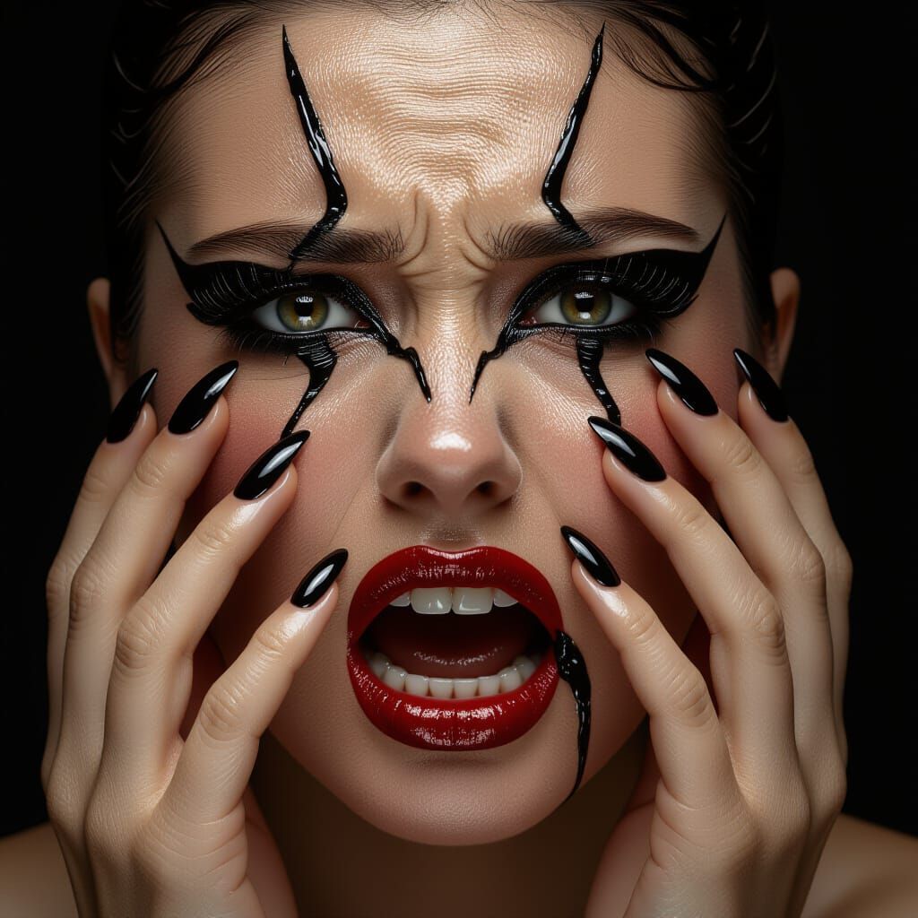 Anguished Face with Fused Makeup and Torn Skin