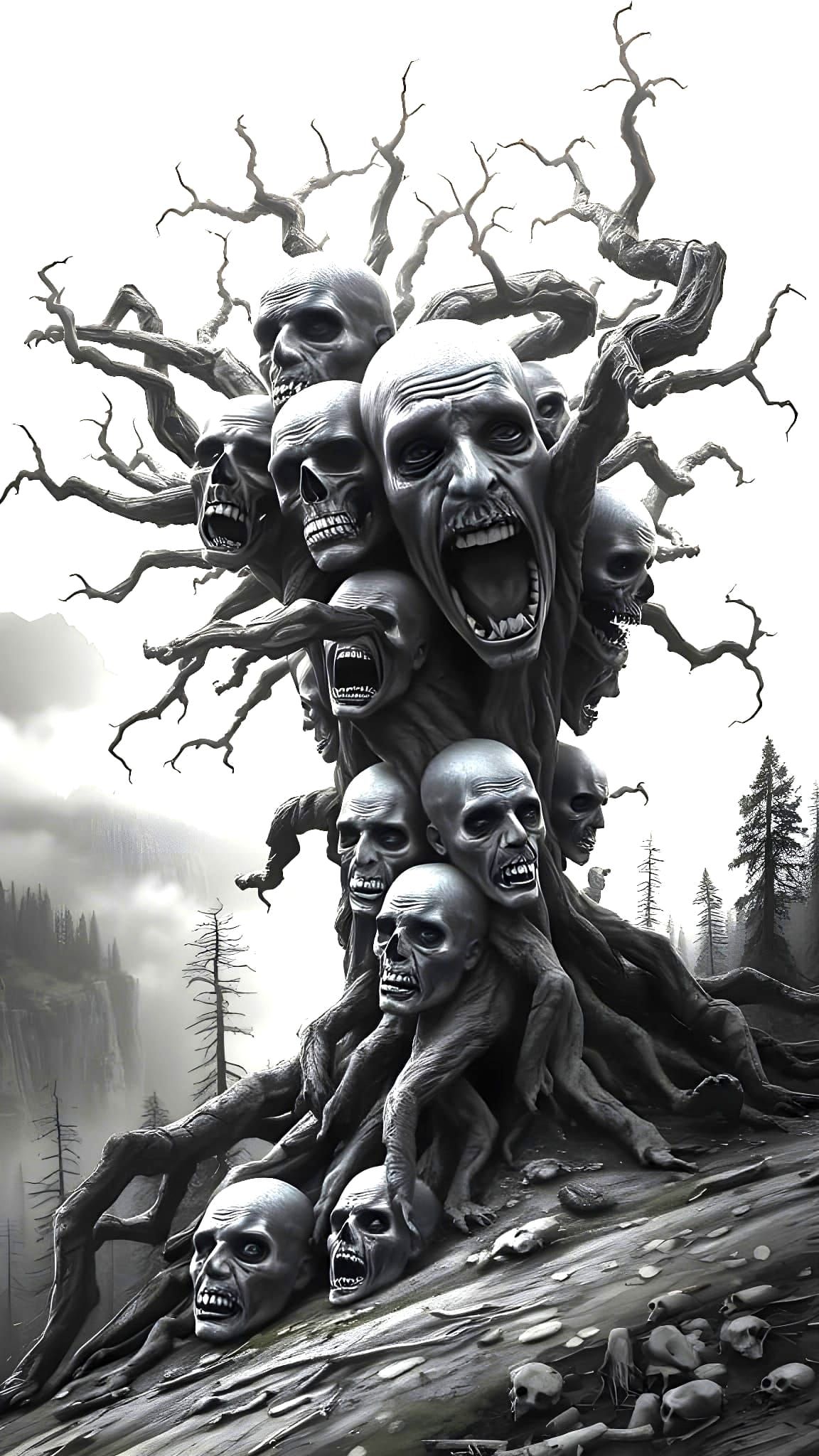 Surreal Tree of Skulls in a Dark, Foggy Mountain Landscape