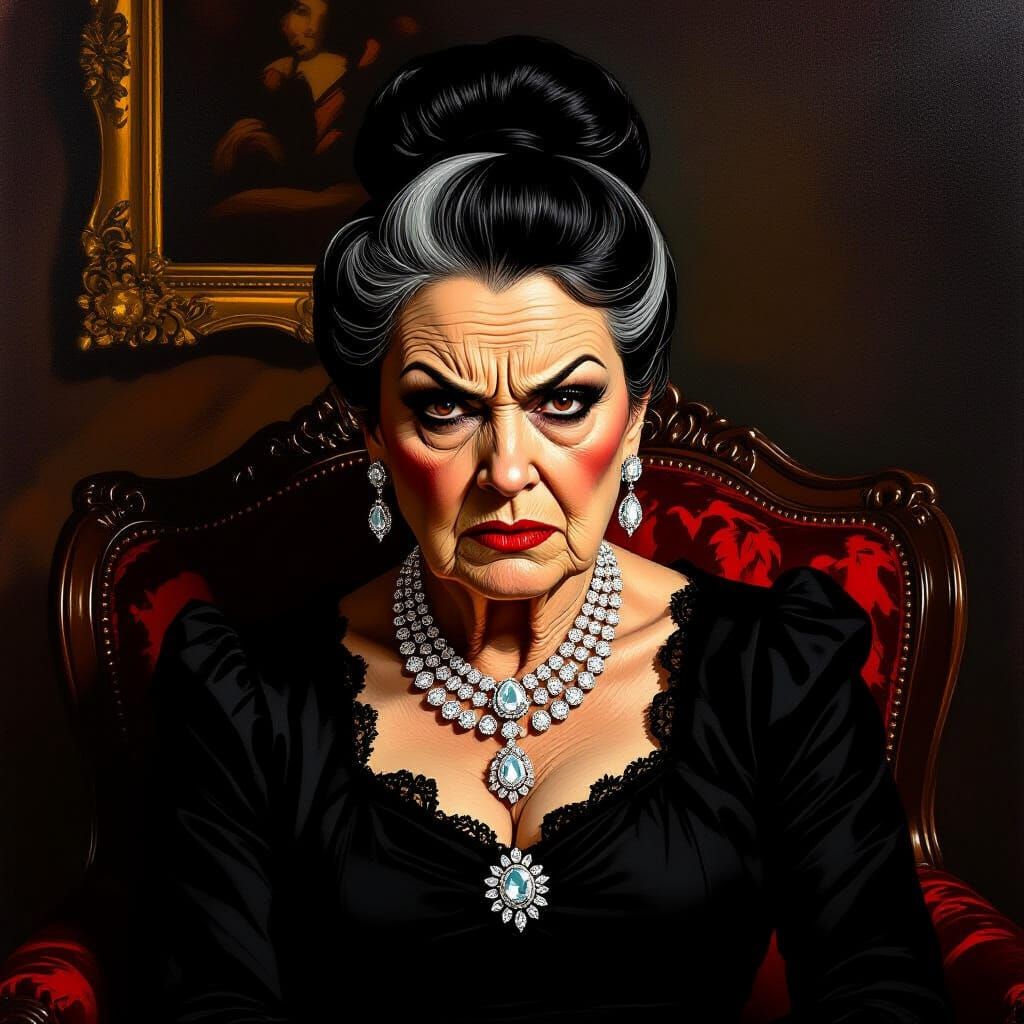 Evil Old Woman in Luxurious Living Room, Dark Moody Style