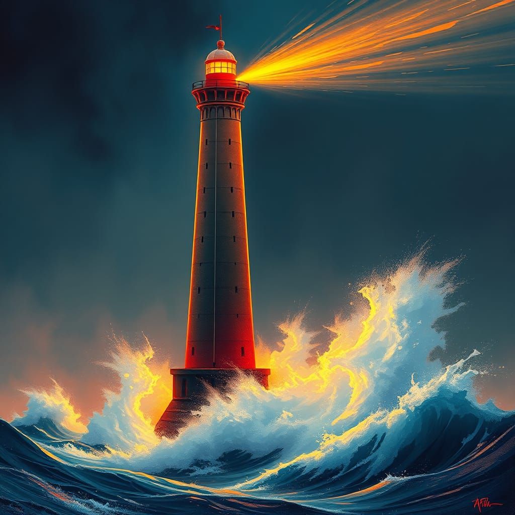 Neon Lighthouse in Stormy Seas, Digital Art