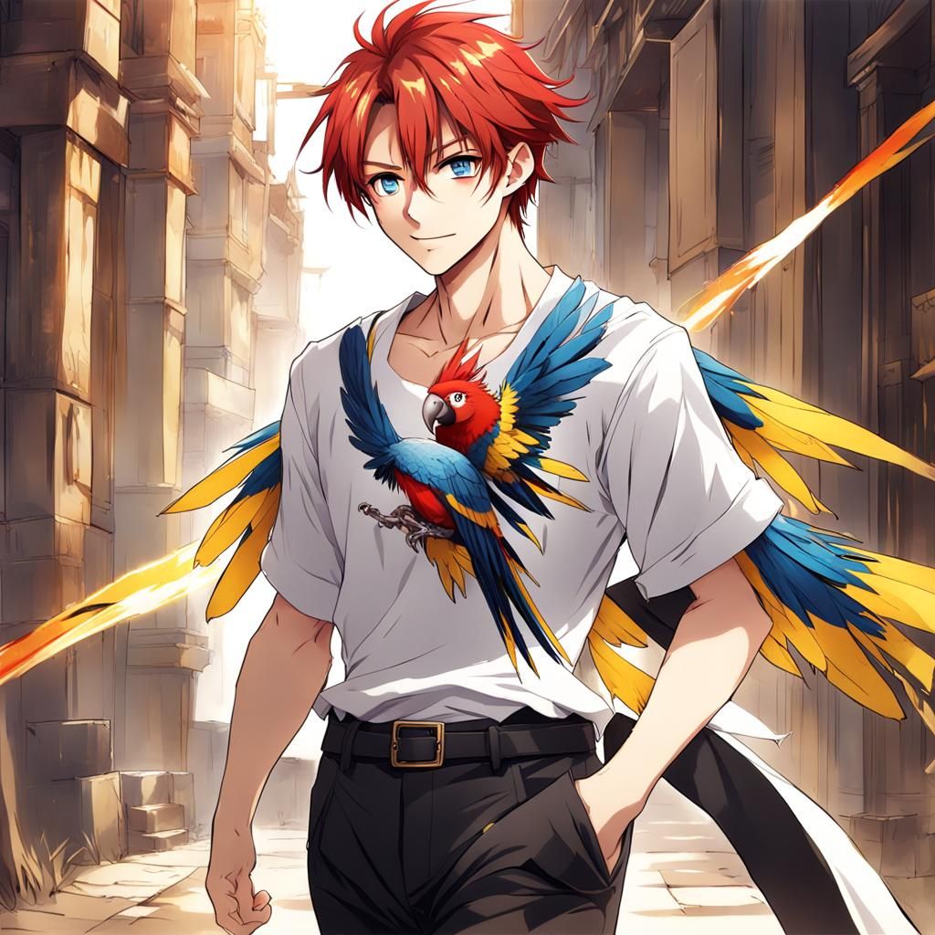 Medieval Boy with Parrot in Anime Style