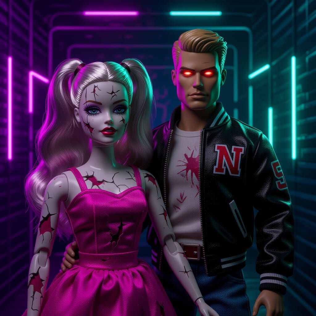 Disturbingly Altered Barbie and Ken in Neon Horror