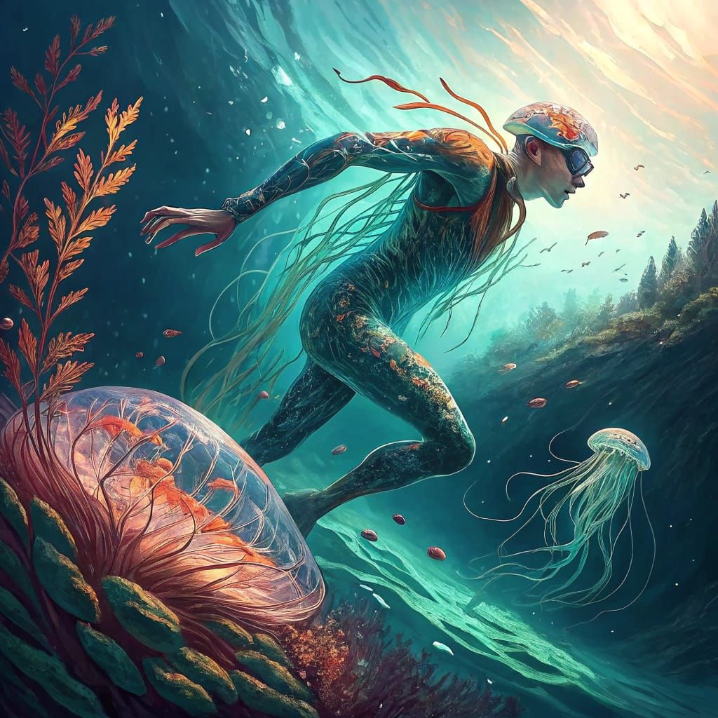 Mystical Swimmer in Ethereal Underwater Matte Painting