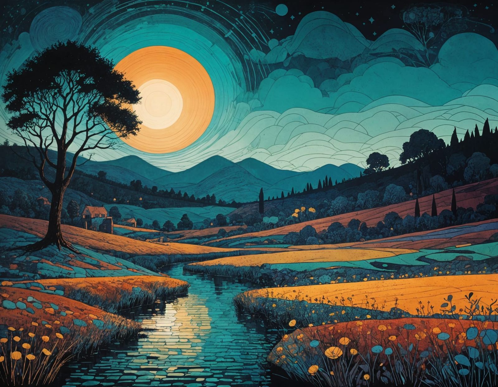 Twilight Valley Landscape in Abstract Art Style