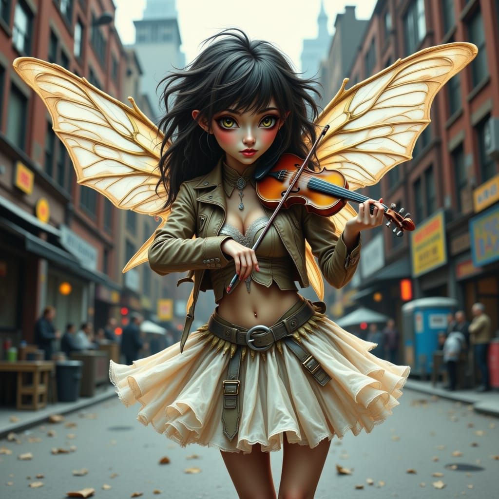 Fairy Street Performer in Dystopian Cityscape