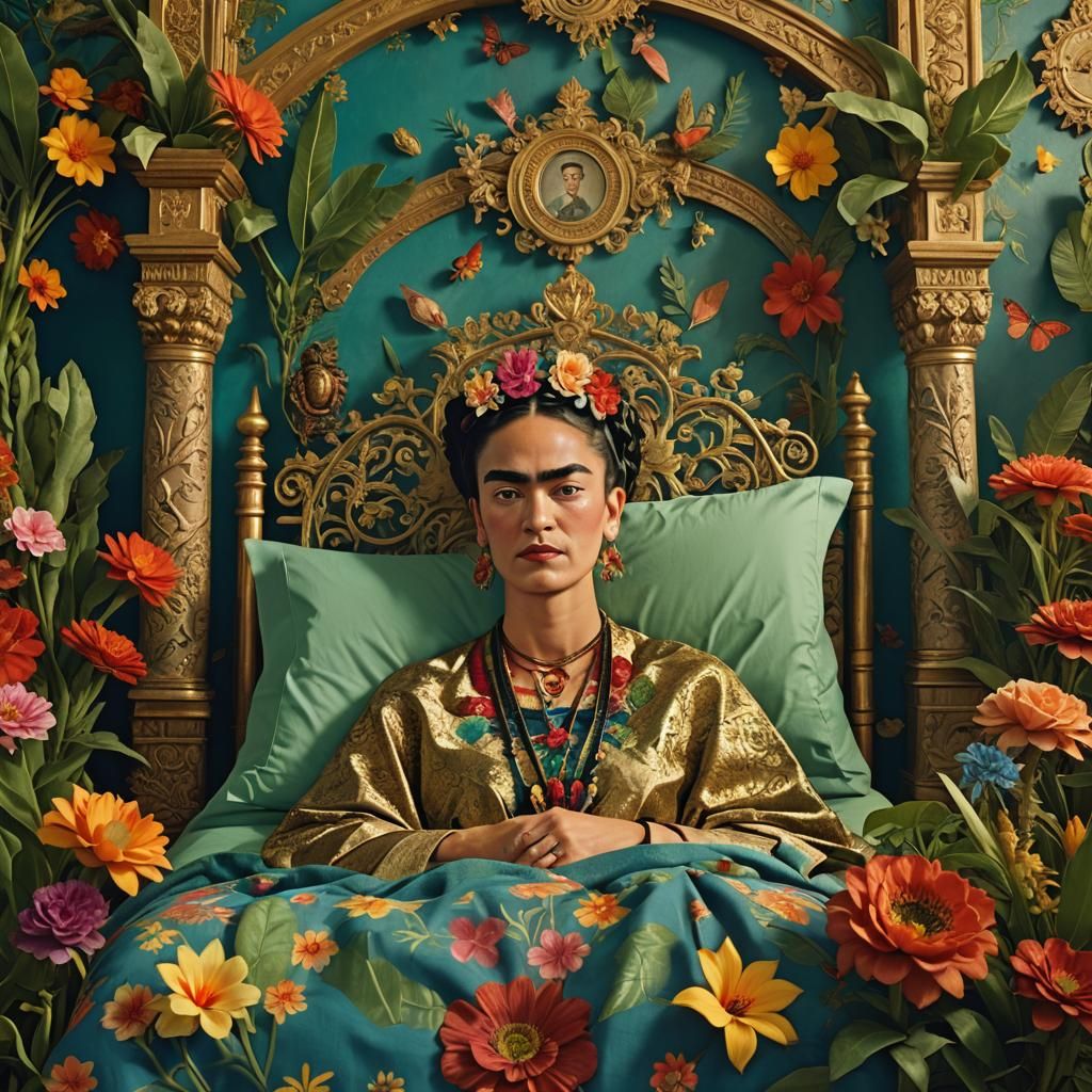 Frida Kahlo in Ornate Hospital Bed: Fantasy Concept Art