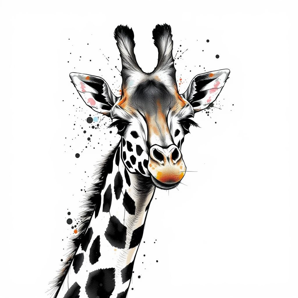Giraffe Portrait in Dynamic Ink Splatter Style
