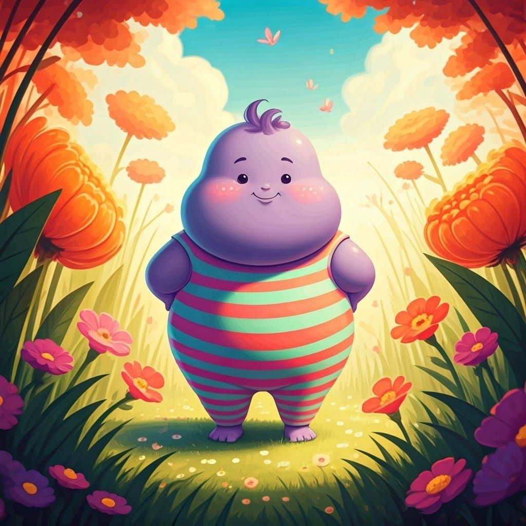 Whimsical Purple Creature in Lush Meadow Illustration