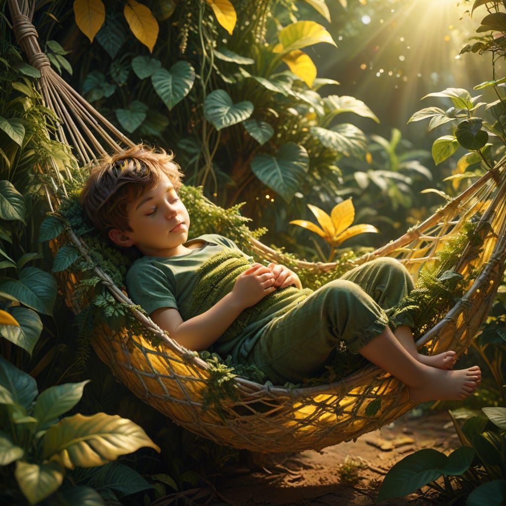 Whimsical Child in a Plant Hammock in Dreamy Atmosphere