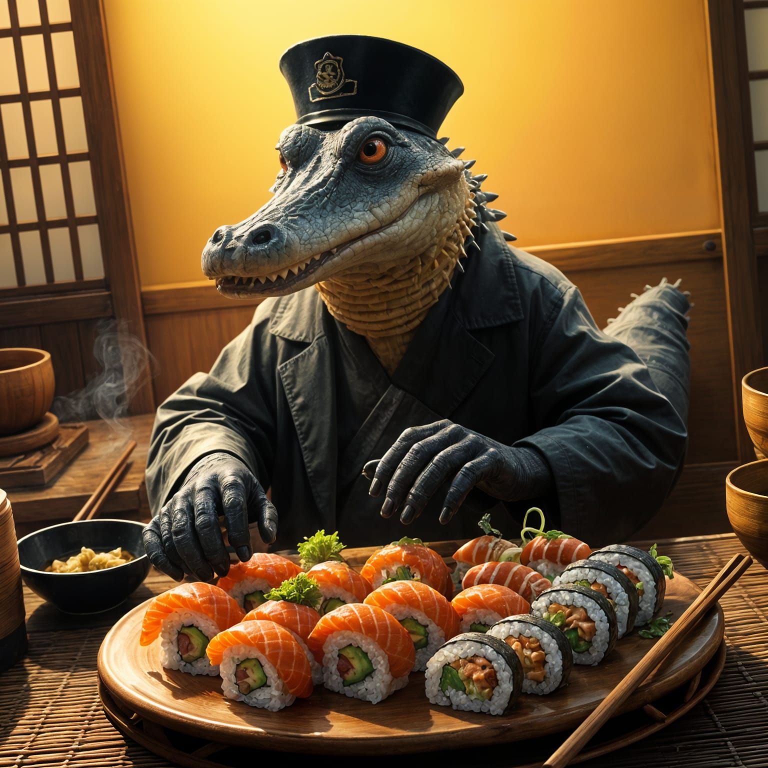 Sushi Master Alligator in Traditional Japanese Kitchen