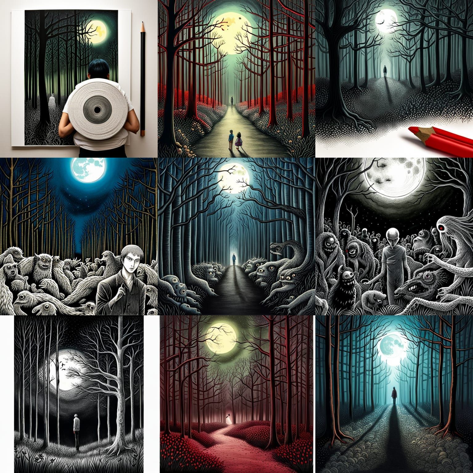 Moonlit Horror Forest in Anime Manga Style
