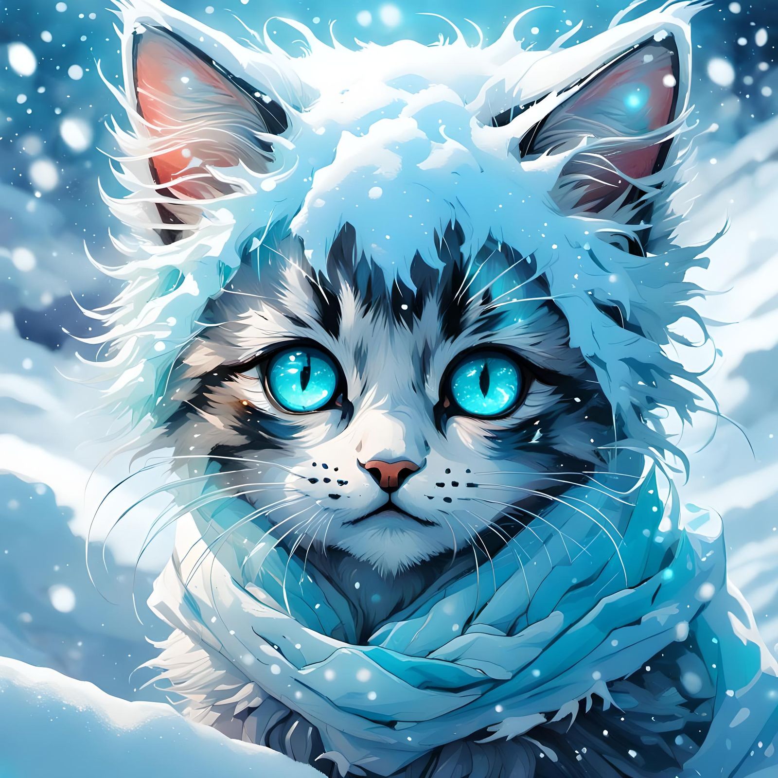 Adorable Snow Kitten with Bioluminescent Eyes, Anime Style