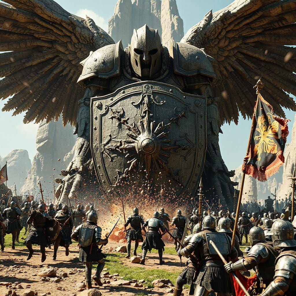 Giant Sentient Warrior Defends Against Charging Knights in F...