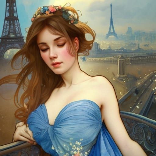 Ethereal Girl in Paris: Watercolor Portrait