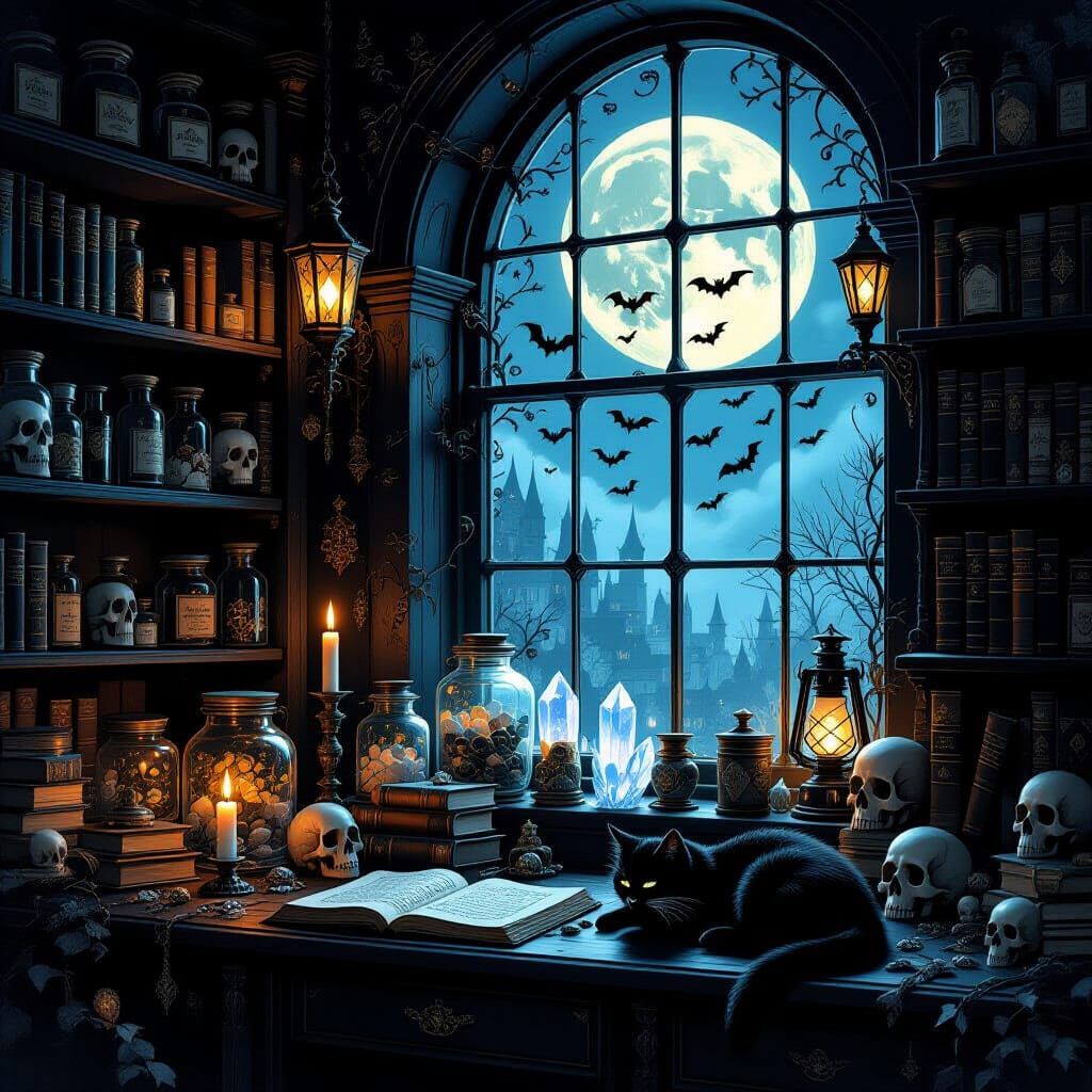 Halloween Apothecary Shop With Full Moon and Bats