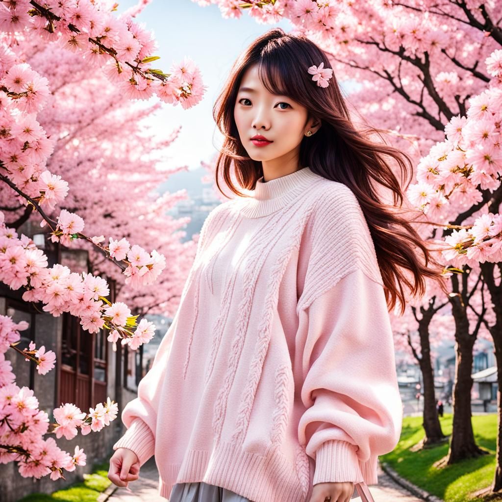 Korean Girl in Pink Jumper with Cherry Blossoms