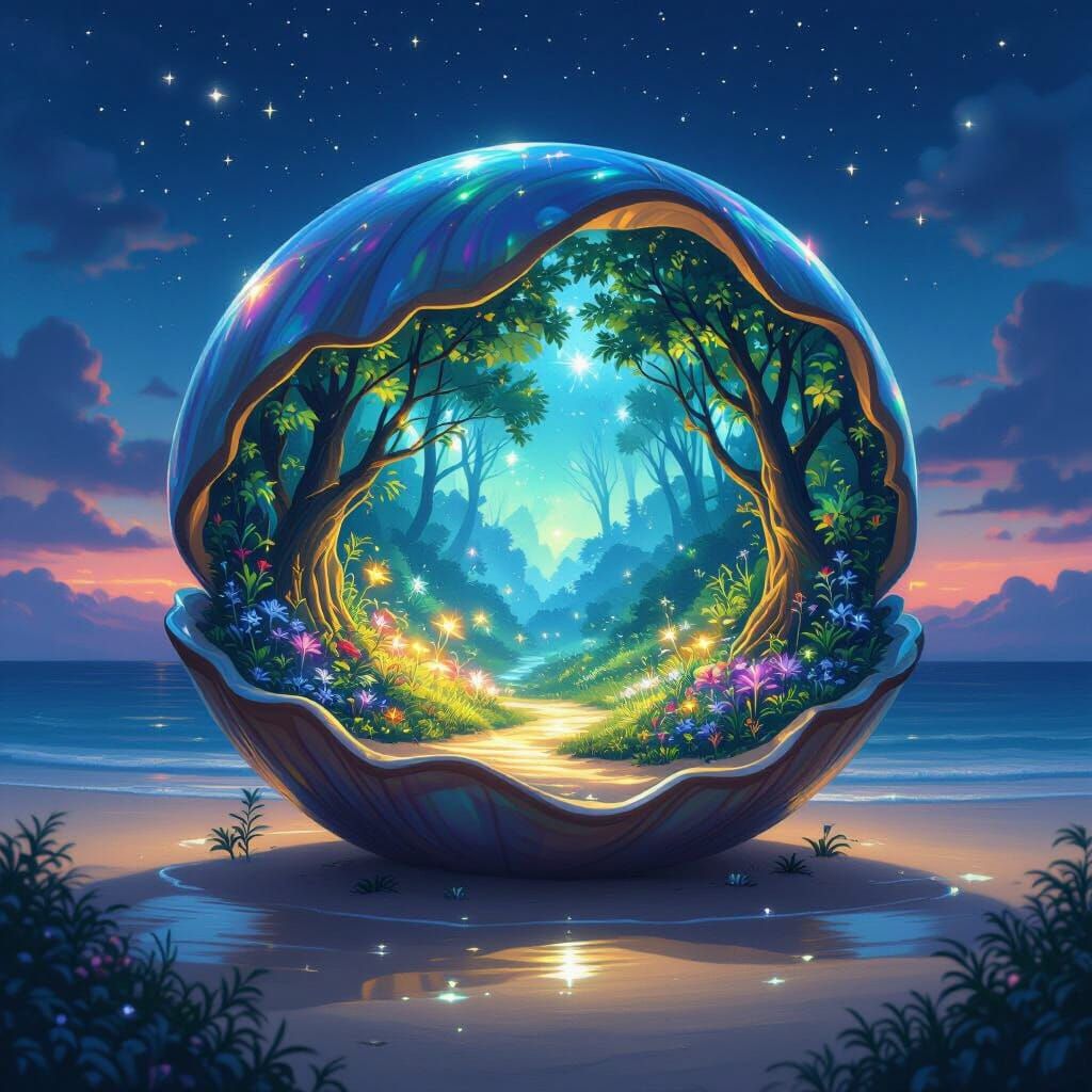 Magical Forest Valley Inside a Clam in Glass Orb
